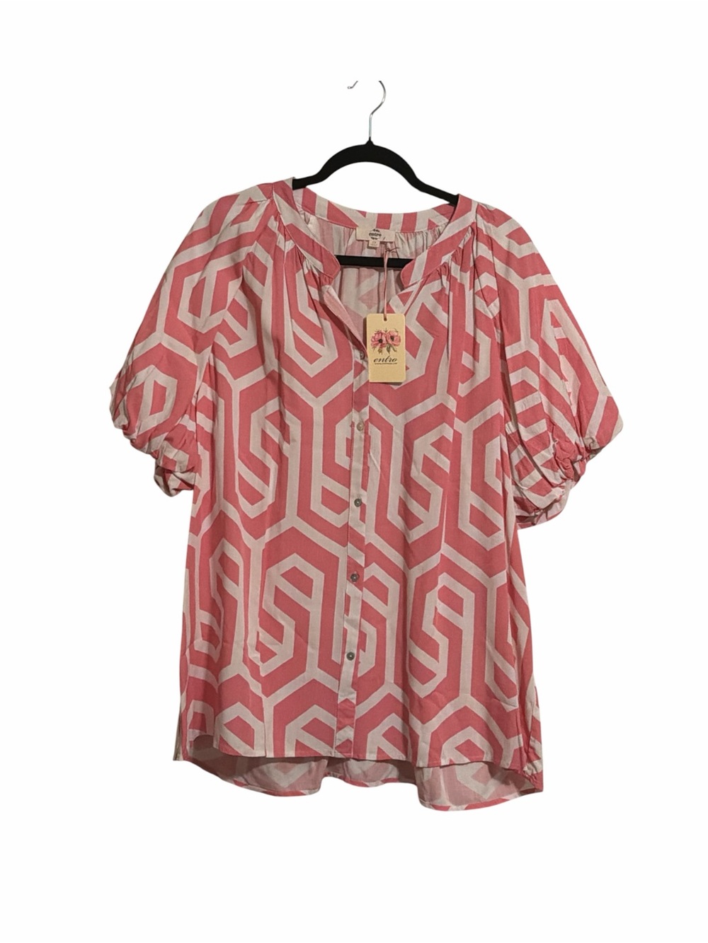 NWT ✨Entro Pink & White Geometric Puff Sleeve Blouse 1X✨